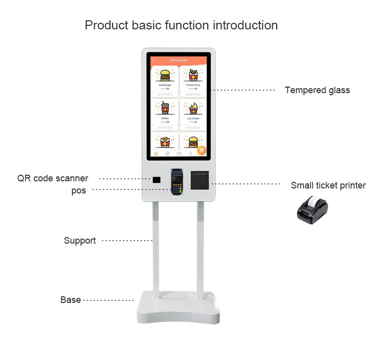 Android Win 10 32 Inch Restaurant Touch Screen Self Ordering Kiosk With Thermal Printer NFC card reader